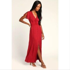 Lulus Completely In Love Wine Red Swiss Dot Button Front Maxi Dress XL